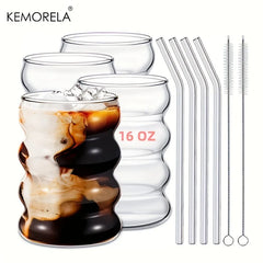 Stylish 16OZ Drinking Glasses Set with Glass Straw - Perfect for Beer, Iced Coffee, and More!